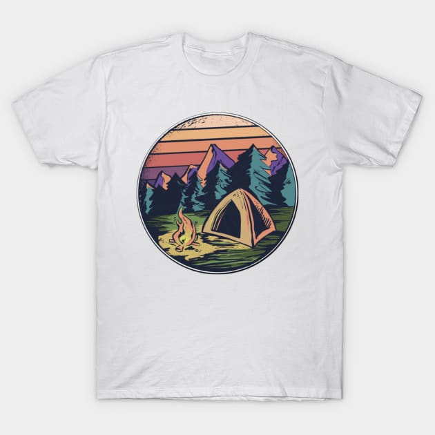 Happy Camper Camping Outdoors Vintage Retro Sunset T-Shirt by gillys